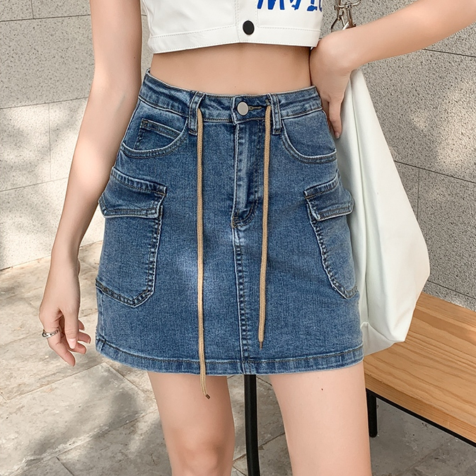 beautified กระโปรงยีนส์งเอวสูงทรงคาร์โก้ ผ้ายืด มีเชือกดึง ปรับเอวได้ แนววินเทจ มีซับ