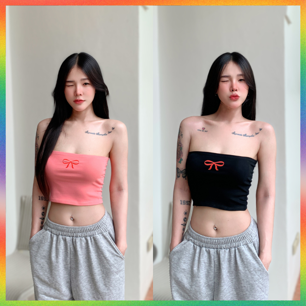 🌈MesubShop🌈เสื้อครอปเกาะอก ผ้ายืดยูนิใส่สบาย สกรีนโบว์แดง 🍒 ทรงสวย ใส่แมตช์ง่ายทรงสวย รุ่น เกาะอกโบว์แดง