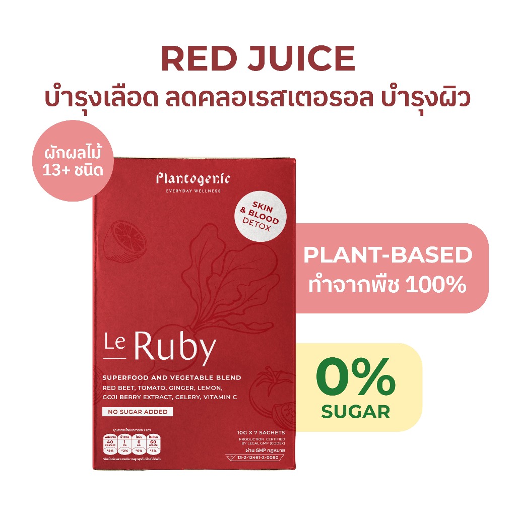 Plantogenic - Le Ruby ผงผักพร้อมชง บำรุงเลือด ดีท็อกซ์สารพิษในร่างกาย ไม่มีน้ำตาล (Plant-based)