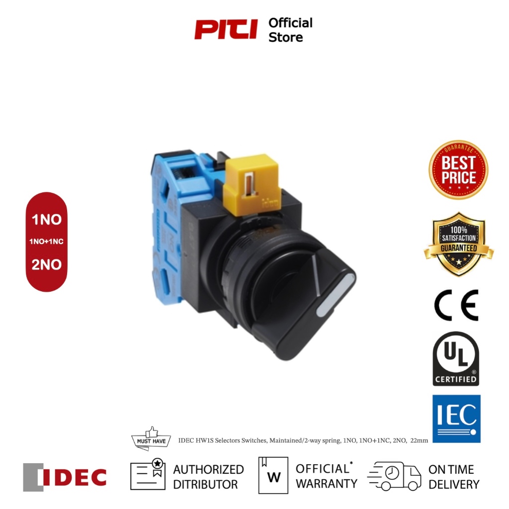 IDEC IDEC HW1S Selectors Switches, Maintained/2-way spring, 1NO, 1NO+1NC, 2NO,  22mm