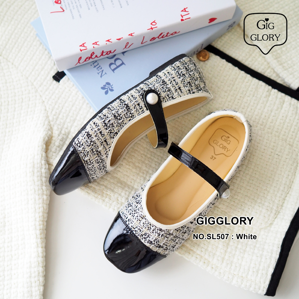 🌷 รองเท้าผ้าทวิตสลับหนังแก้ว ทรงแมรี่เจน Mary Jane (NO.SL507)