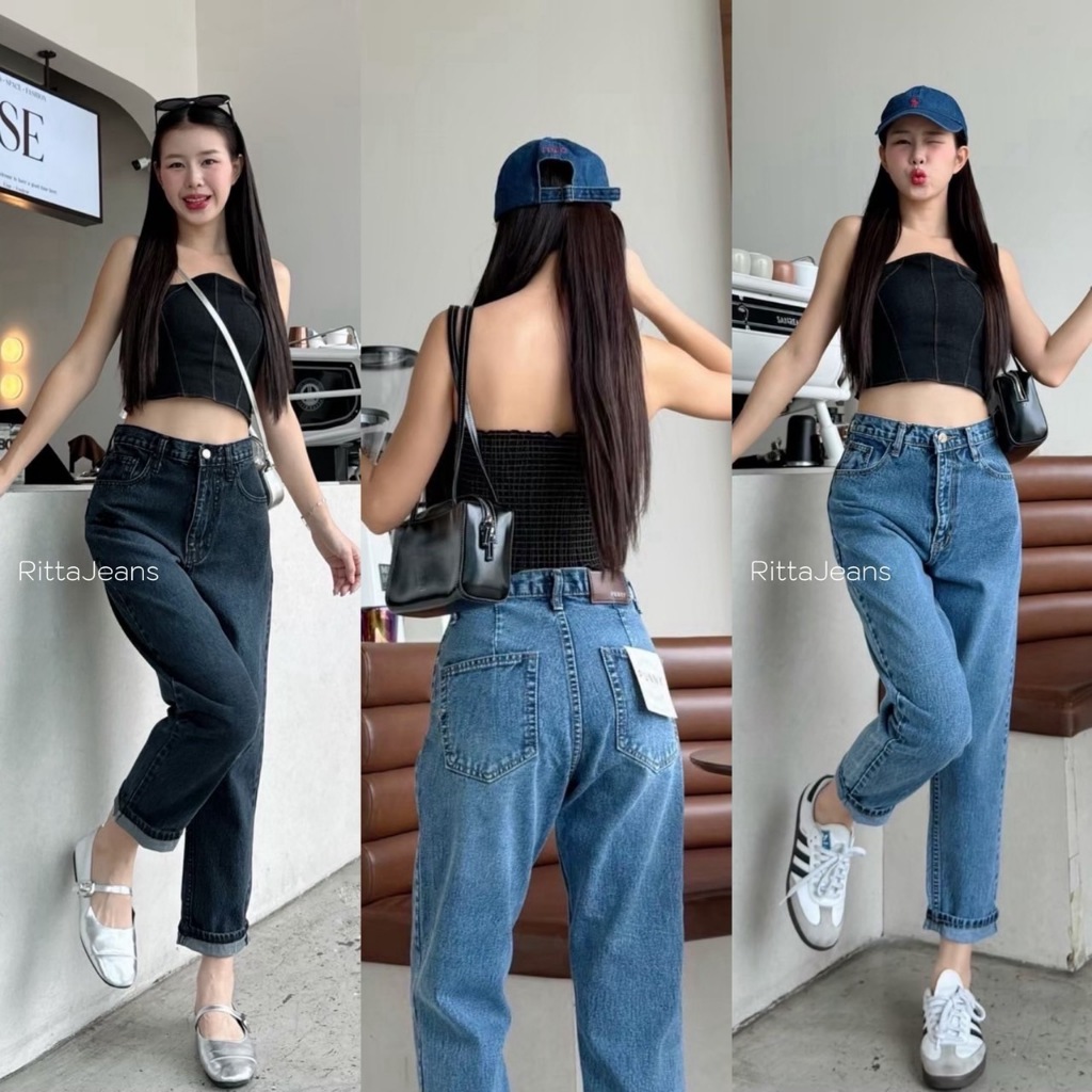 Rittajeans [S-XL] ยีนส์ ขาโค้ง เอวสูง ผ้าไม่ยืด ทรงบาเรล์(G-MN)