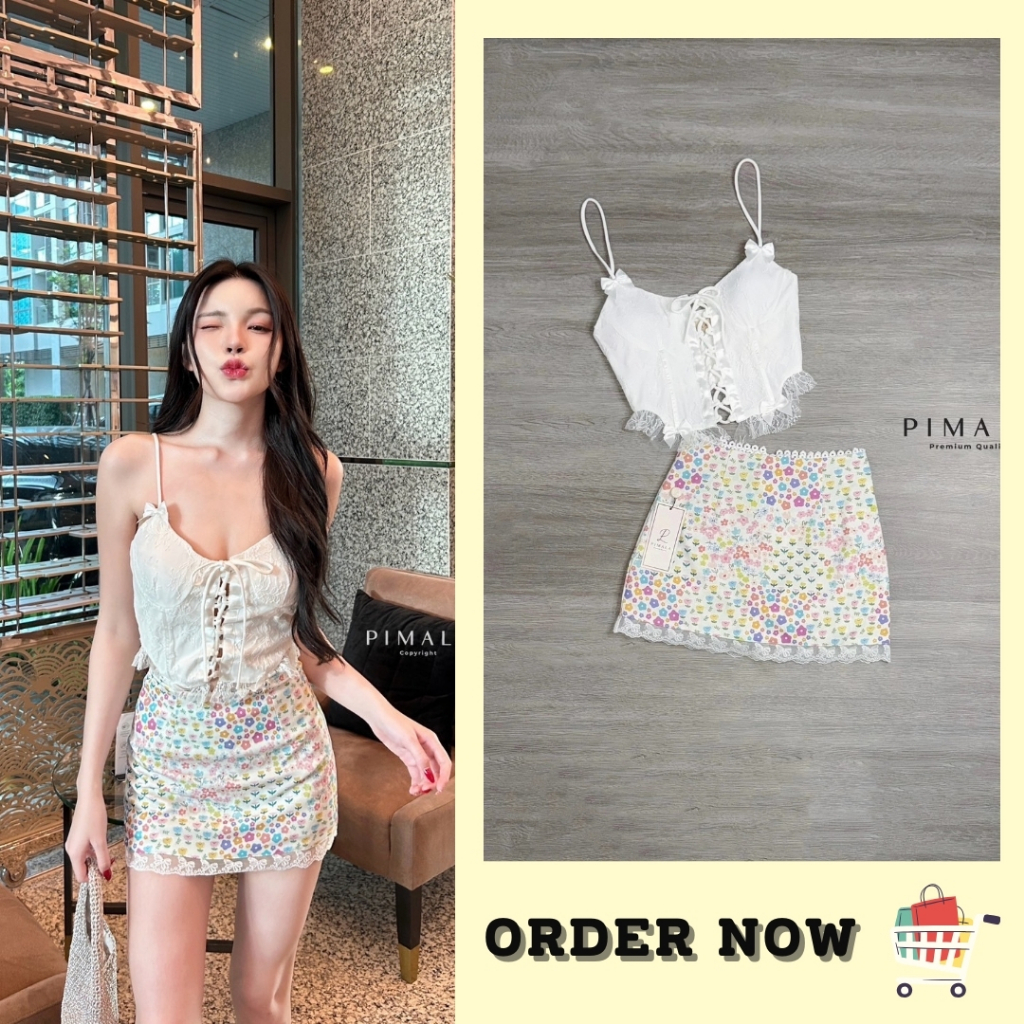 XS-L ชุดเซ็ทน่ารัก เสื้อครอปสายเดี่ยว + กระโปรงลายดอกเล็กๆ งานป้าย Pimala ชุดไปคาเฟ่