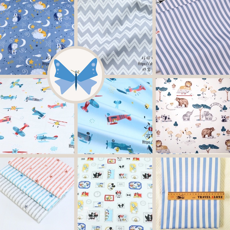 ผ้าคอตตอน 100% ทอทวิล หน้ากว้าง1.6 เมตร ตัดขายเป็นเมตร พิมพ์ลายเครืองบิน หมี จิ้งจอก