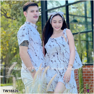 J18826 Set คู่รัก เสื้อเชิ้ต + เดรส + กระเป๋าผ้า + โบว์ผูกผม พิมพ์ลาย Couple set: shirt + dress + tote bag + hair bow