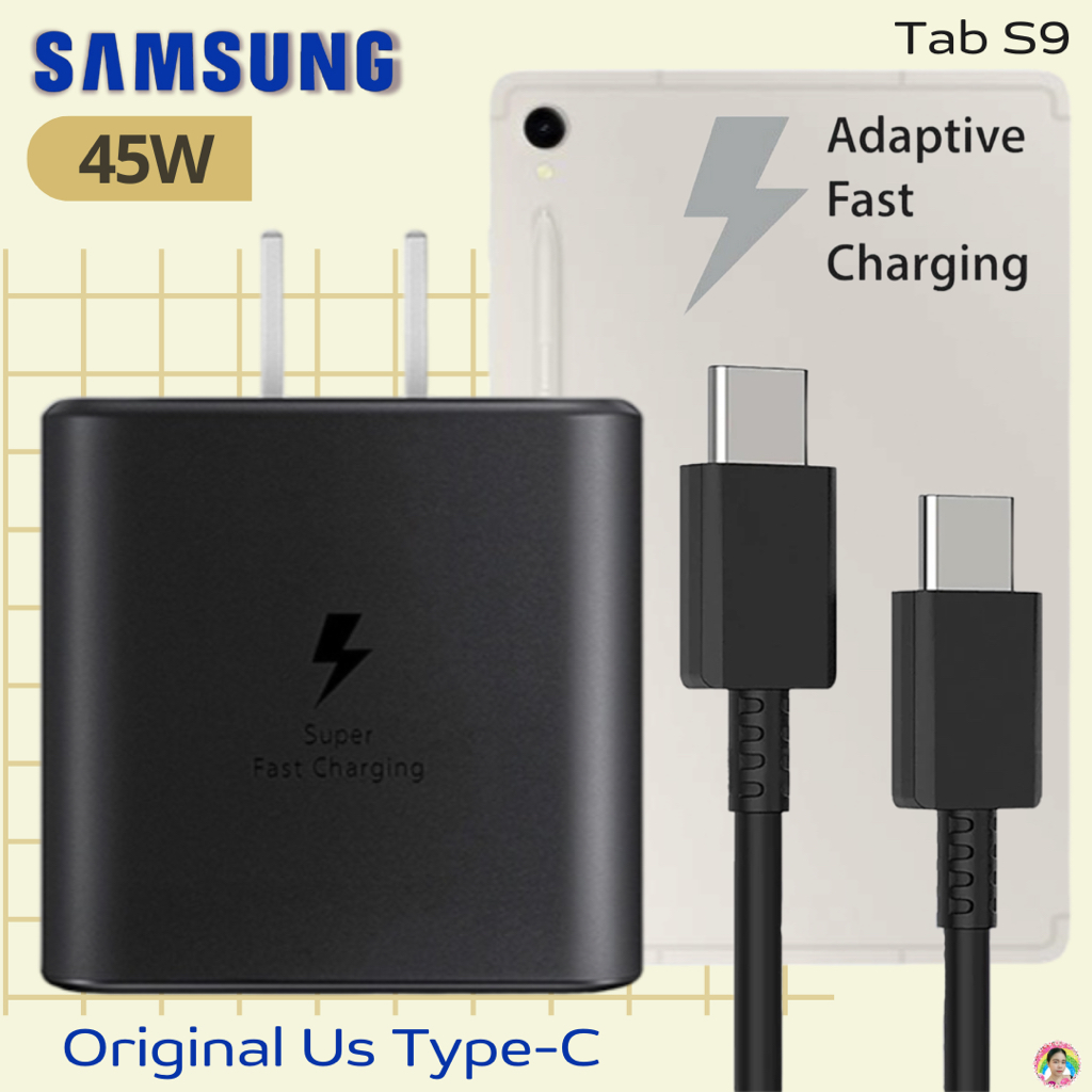ที่ชาร์จ Samsung 45W (US) สำหรับ ซัมซุง Tab S9 และมือถือทุกรุ่น หัวชาร์จ Usb-C สายชาร์จ Type-C (5A) ยาว1ม. และ2ม.