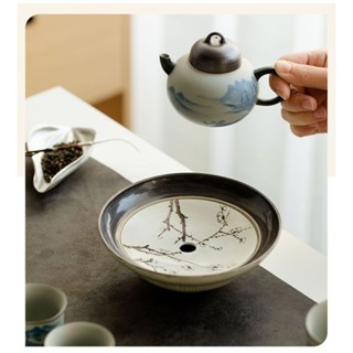 Pure hand-painted plum blossom ceramic teapot support dry bubble table double-layer storage type teapot tray teapot tray