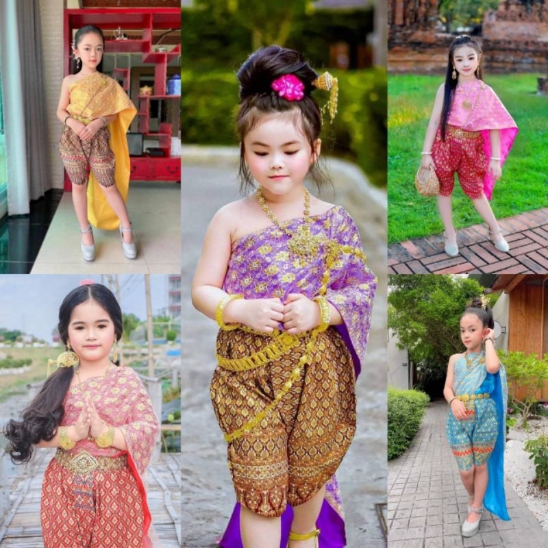 ชุดไทยสไบเด็ก หญิงชุดไทยสไบลูกไม้ ชุดไทยพื้นบ้าน