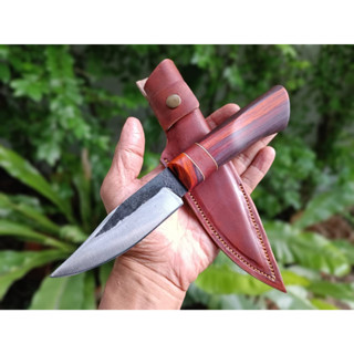 มีดโบวี่ Bowie pocket knife โบวี่ มีดพก มีดแคมป์ มีดเดินป่า ใบ 4.3” เหล็กผานไถ ตีร้อนชุบแข็ง ด้ามไม้ชิงชัน ซองหนังแท้