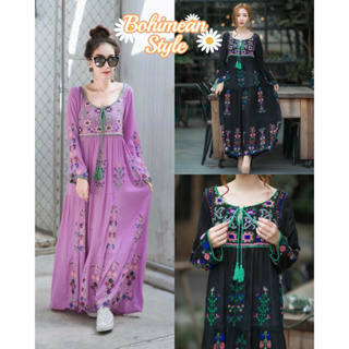 พร้อมส่ง Bohemian​ flower​ embroidery dress ชุดเดรสยาวปักลายสไตล์โบฮีเมียน เดรสใส่ไปเที่ยวเขาใหญ่