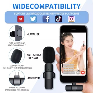 ไมโครโฟนโทรศัพท์  Wireless Microphone  ไมโครโฟนไร้สายแบบพกพาใช้สําหรับ สมาร์ทโฟน ไมค์ไร้สายหนีบเสื้อ ไมค์หนีบปกเสื้อ