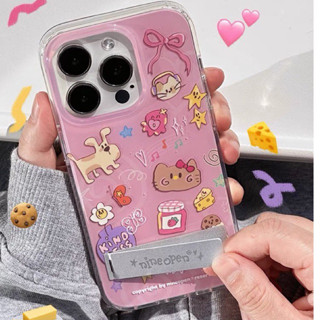 Nineopen kitty bunny metal Griptok phone case เคสไอโฟนสีชมพูสีครีมลายการ์ตูนและเหล็กตั้งได้