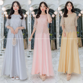 Maxi Dress ชุดเดรสราตรียาวออกงานตัวเสื้อปักเลื่อม ตัวกรโปรงผ้า Satin Valentino ผ้านิ่มทิ้งตัว พริ้วสวย มีไซส์ M-5XL