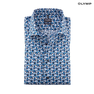 OLYMP GREEN CHOICE LUXOR Shirt เสื้อเชิ้ตชายแขนสั้นรักษ์โลก สีฟ้า ลายพิมพ์กราฟฟิก ทรงหลวม ใส่สบาย รีดง่าย