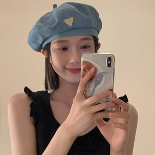 (BR) หมวกเบเร่ต์ Beret ผ้ายีนส์ ติดเข็มกลัด