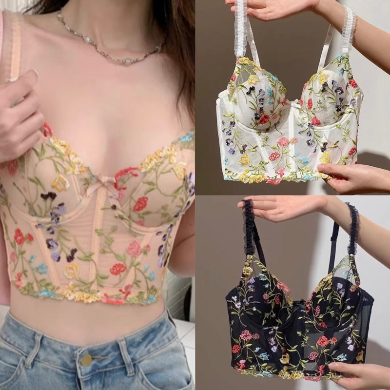 พร้อมส่ง บราครอเซท ปักลายดอกไม้ S-XL