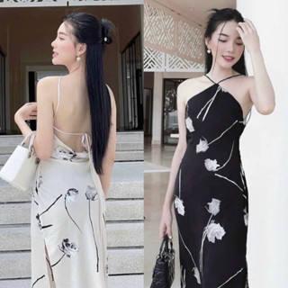 💫พร้อมส่ง💫Flowydress • เดรสซาติน พิมพ์ลาย ดอกกุหลาบ ถ่วงหลัง สายร้อยข้างหลัง ผ่าข้างหรูหรา สไตล์ฝรั่งเศส