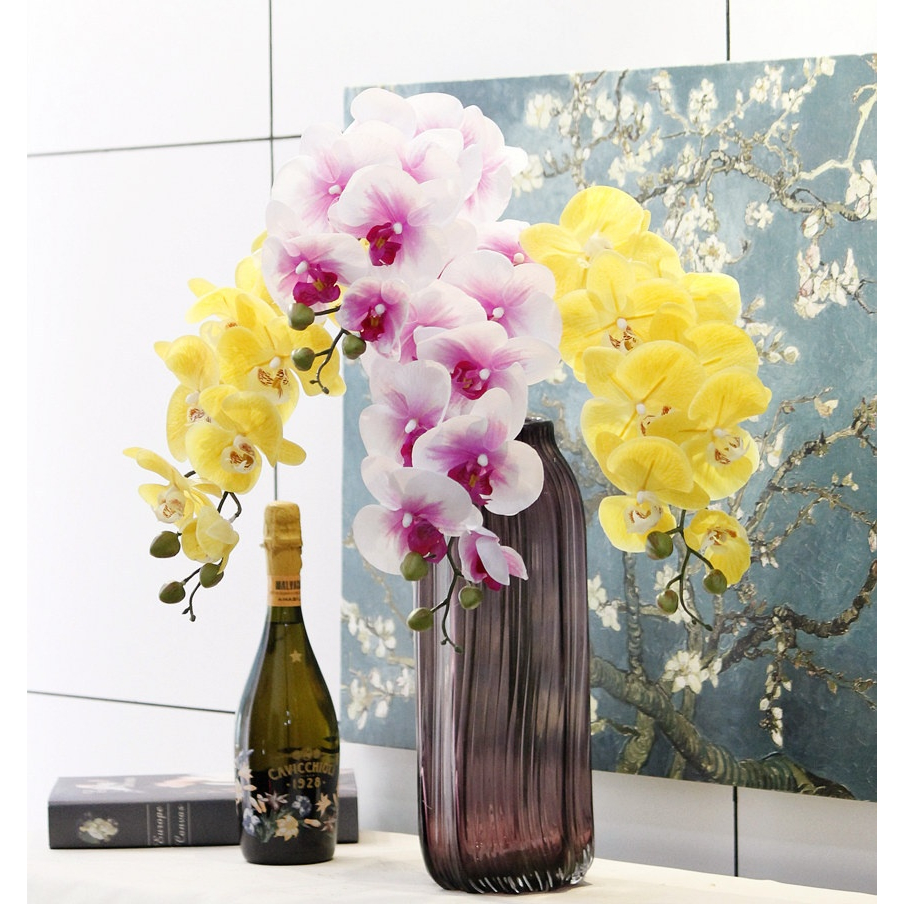 Artificial flower ฟิล์มจำลองดอกกล้วยไม้ฟาแลนนอปซิส 8 หัว ดอกไม้ปลอมเกรดสูงให้ความรู้สึกชุ่มชื่น