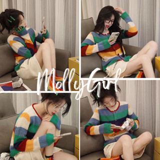 Mollygirl เสื้อแขนยาวไหมพรมลายทาง สีสันสดใส คอลใหม่ พร้อมส่ง  5743#