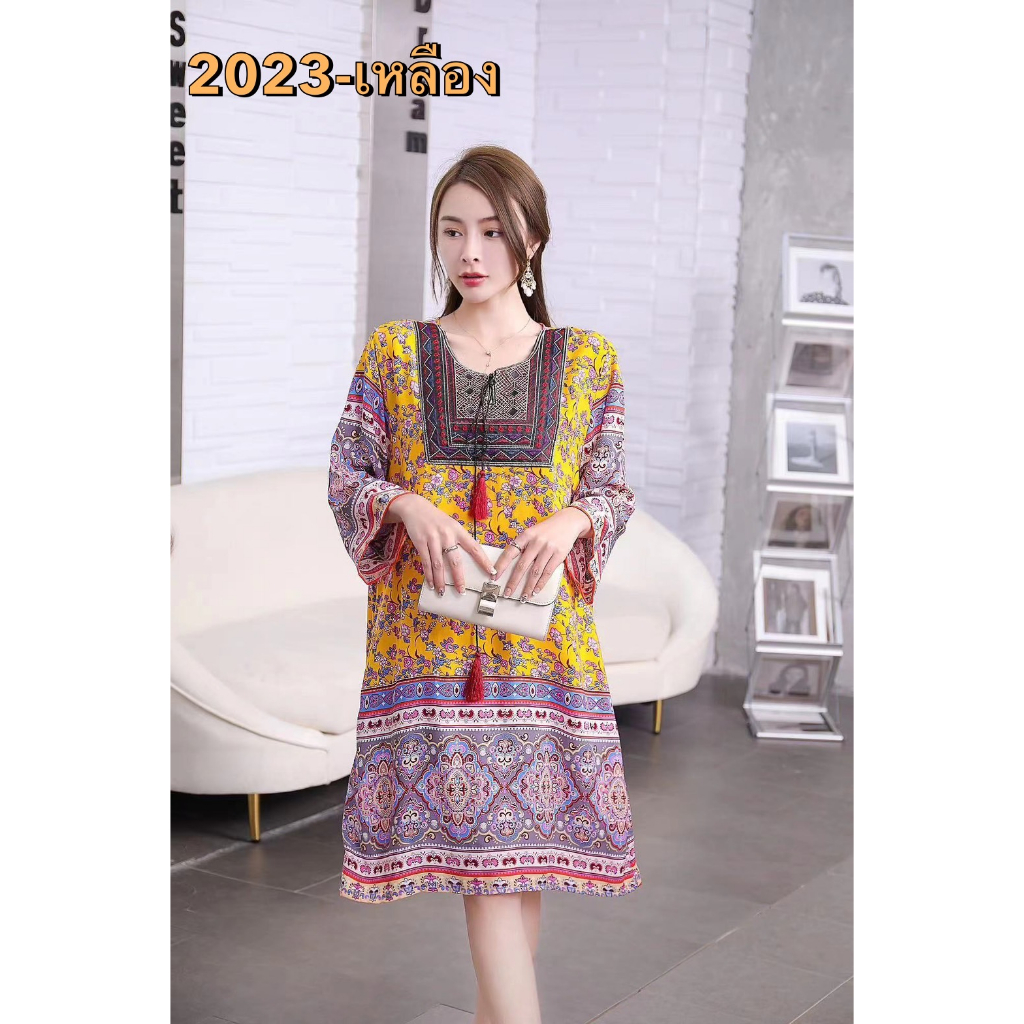 พร้อมส่ง มินิเดรสสาวอวบสไตล์โบฮีเมียน  กระโปรงสั้นแขนยาว ตรงไซส์100%  808#