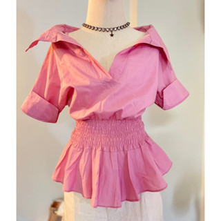 เสื้อเชิ้ตปาดไหล่สายแต่งเดี่ยวสีชมพู ใส่ได้2แบบ New