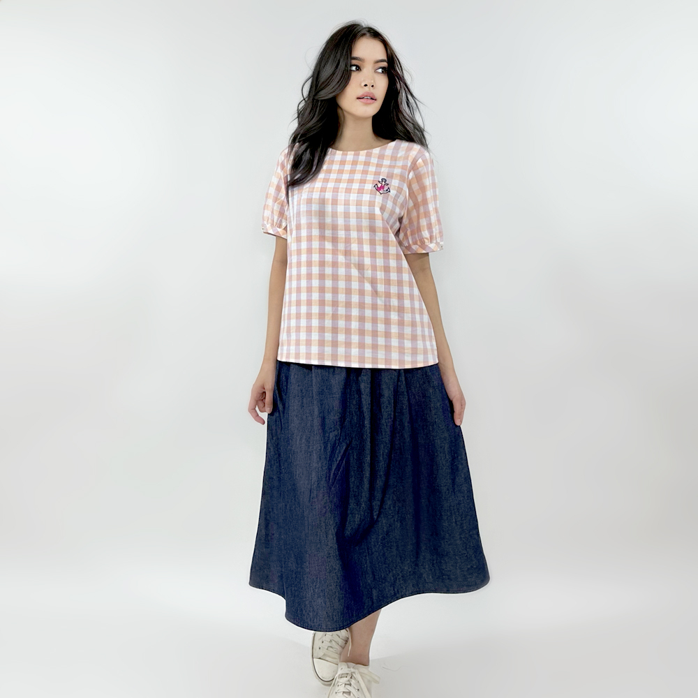 PORTLAND เสื้อเบลาส์ลายสก็อต / Short Sleeve Blouse with Embroidery (ORANGE)