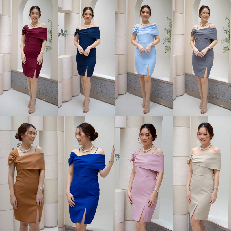 พร้อมส่ง Dress เว้าไหล่ ระบาย MB09 มีถึง 3XL สี : เทาเข้ม,กรม,ชมพู,เบจ,แดงไวน์