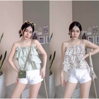 เสื้อสายเดี่ยว ผูกโบว์ไหล่ แต่งขนมชั้น ระบายชั้นๆ ลายหัวใจ น่ารักมาก ผ้าไหมอิตาลี่
