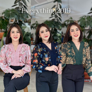 Everything2019 🌈 (6169) เสื้อคอวีแต่งระบายอกลูกไม้ แขนยาว ผ้าชีฟองมีซับใน เสื้อทำงานผู้หญิง