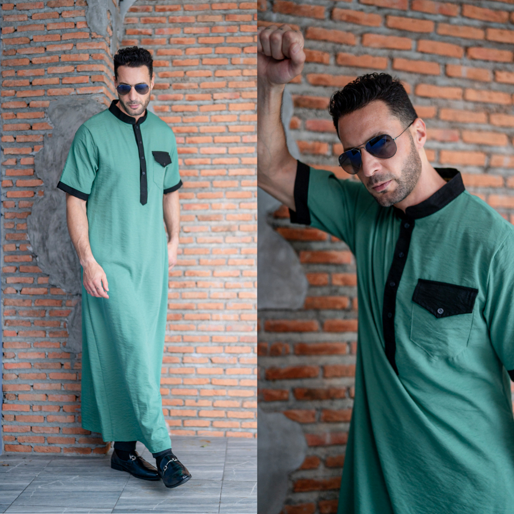 โต๊ปแขนสั้น แถบูโทน (คละแถบกุ๊น)มีขาวและดำ ผ้าสลาฟ นิยม ใส่ละหมาดออกงานอิสลาม AE34วาริสมุสลิม EP2.