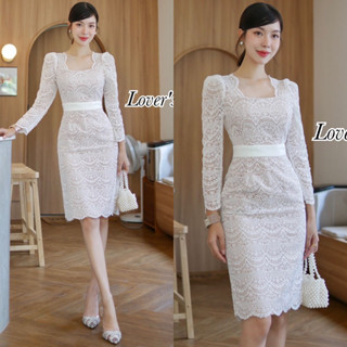 Code : M9 Loversshop Dress ชุดเดรสสั้นผ้าลูกไม้สีขาวแขนยาวทรงสอบเข้ารูป สำหรับผู้หญิง ไซส์ S-L