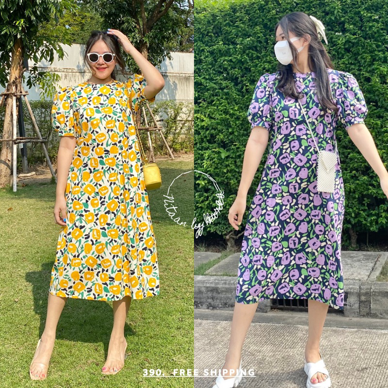 NITAAN เดรสผ้าคอตตอนทรงยาว แขนตุ๊กตา ซิปหลัง ผ่าหลังเบาๆสีเหลืองสวยค่า
