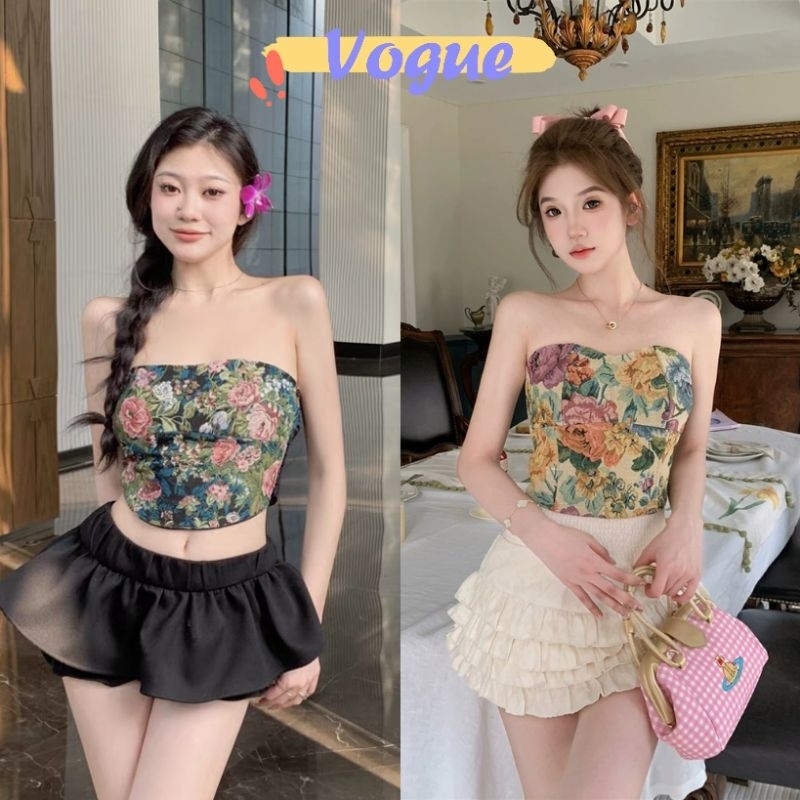 Vogue🌟พร้อมส่ง🌟 เสื้อเกาะอก มีฟองน้ำ ลายดอกไม้ ด้านหลังสม๊อคยืดนิดหน่อย (FY2217-1) -H