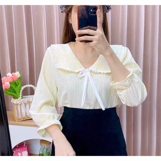 แฟชั่นคอบัวติดลูกไม้ขอบ เเขนยาว ผ้าพื้นร่อง อก40ยาว23