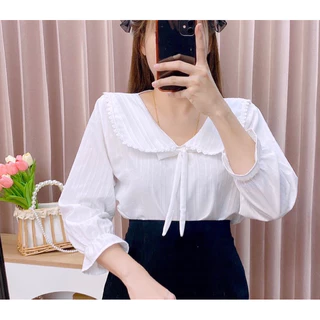 แฟชั่นคอบัวติดลูกไม้ขอบ เเขนยาว ผ้าพื้นร่อง อก40ยาว23