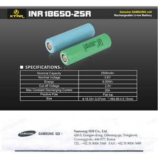 แบตเตอรี่ Sumsung INR1865025R-2500mAh  หัวเรียบ ไม่มีวงจร ก้อนสีเขียว ของแท้