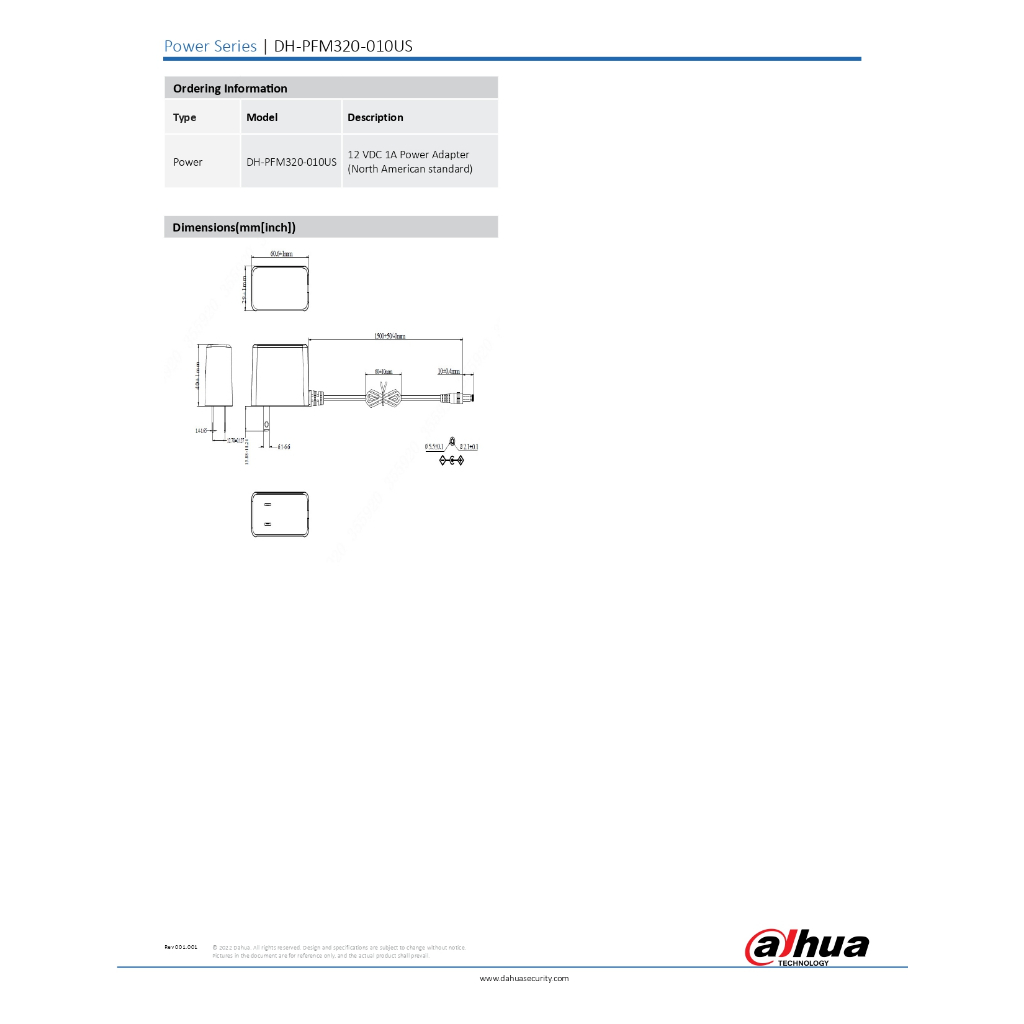 DAHUA Adaptor 12V 1A รุ่น PFM320-010US อะแดปเตอร์สำหรับกล้องวงจรปิด Adapter CCTV - แบบเลือกซื้อ