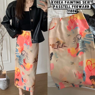 🇰🇷New🇰🇷  Korea painting skirt กระโปรงยาวลายสวย สีน่ารัก ผ้าsilksatinสุดหรู ผ่าหลัง