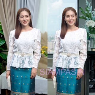 Siampasin🌸เสื้อลูกไม้ ประยุกต์ ร5 อก S M L XL XXL ชุดไทยแขนยาว สีขาว สวยๆ แบบ คอปาด Blouse