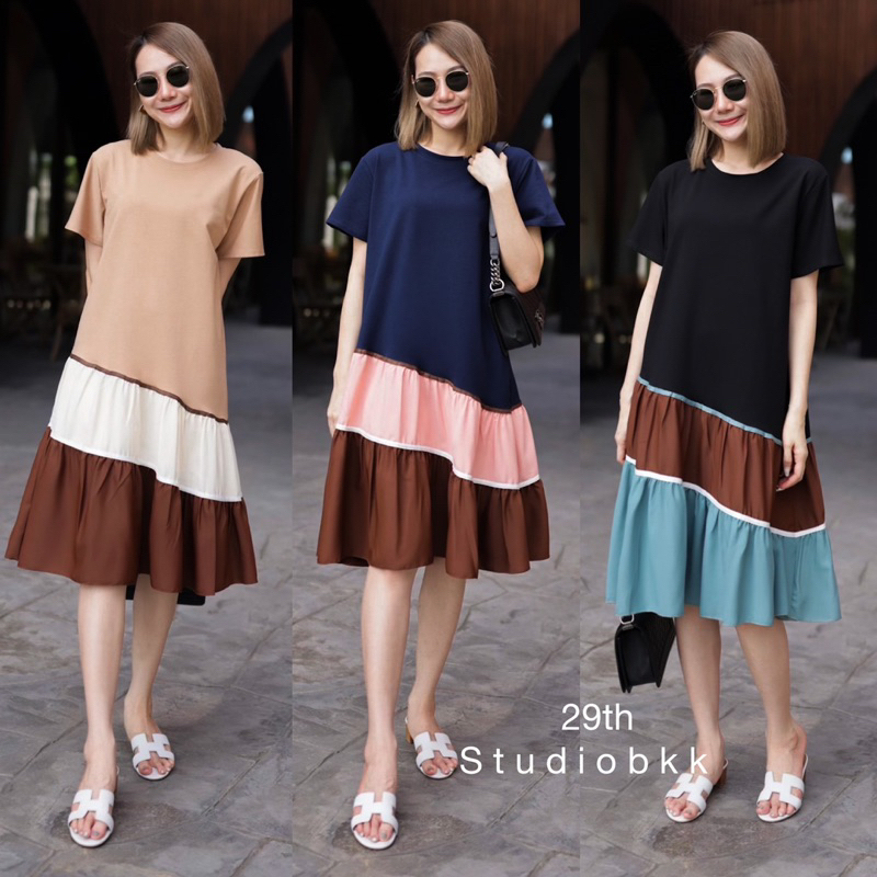 29Th เดรสผ้าคอตตอนแขนสั้น ตัดต่อชายด้วยผ้าสีพื้น