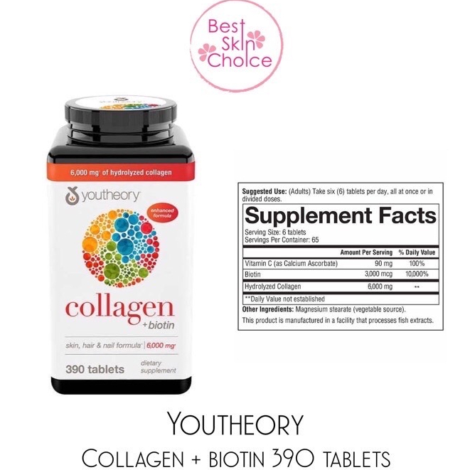 EXP 03/2025 ฟื้นฟูผิวผมและเล็บ ผสมวิตามิน C Youtheory Collagen skin hair & nail formula 6000mg 390 Tablets +Biotin