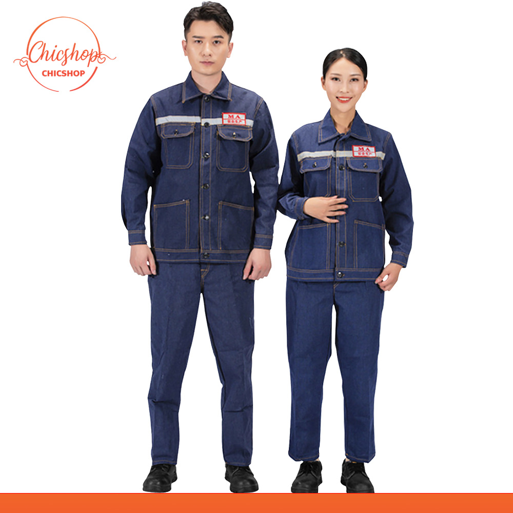 chishop ชุดยีนส์ช่างทำงาน （เสื้อตัวบน + กางเกง）หนาพิเศษ แทบสะท้อนแสง ชุดยูนิฟอร์มช่างไฟฟ้า