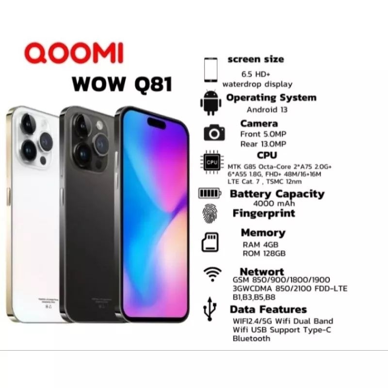 โทรศัพท์มือถือ Qoomi รุ่น Wow Q81จอใหญ่ 6.5 นิ้วRAM 4GB ROM 128 เล่นเกมส์ได้ ราคาโดนใจ แบตเตอรี่อึด 4000 MAH