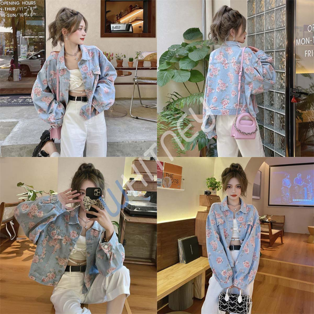 เสื้อยีนส์ผู้หญิง ลายดอกไม้ เสื้อแจ็คเก็ตยีนส์คอปก (8400)