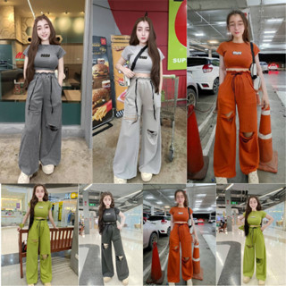 ชุดเซ็ตเสื้อครอปเทาแขนสั้น-(ปักอะไหล่เพชรmui,ขนปุย)-กางเกงแต่งขาดเอวจีบเอวสูงเท่ๆ