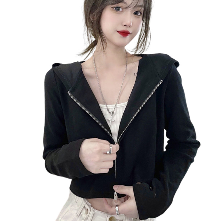 NINGFASHION เสื้อคลุมเเขนยาวมีฮู้ดผู้หญิง เสื้อครอปเเขนยาวซิปรูด รุ่น W367