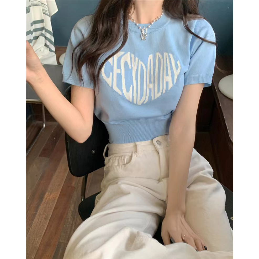 (พร้อมส่ง/ใหม่)#66050เสื้อยืดไหมพรมแขนสั้นผู้หญิงลายหัวใจฤดูร้อนใหม่สไตล์เกาหลี