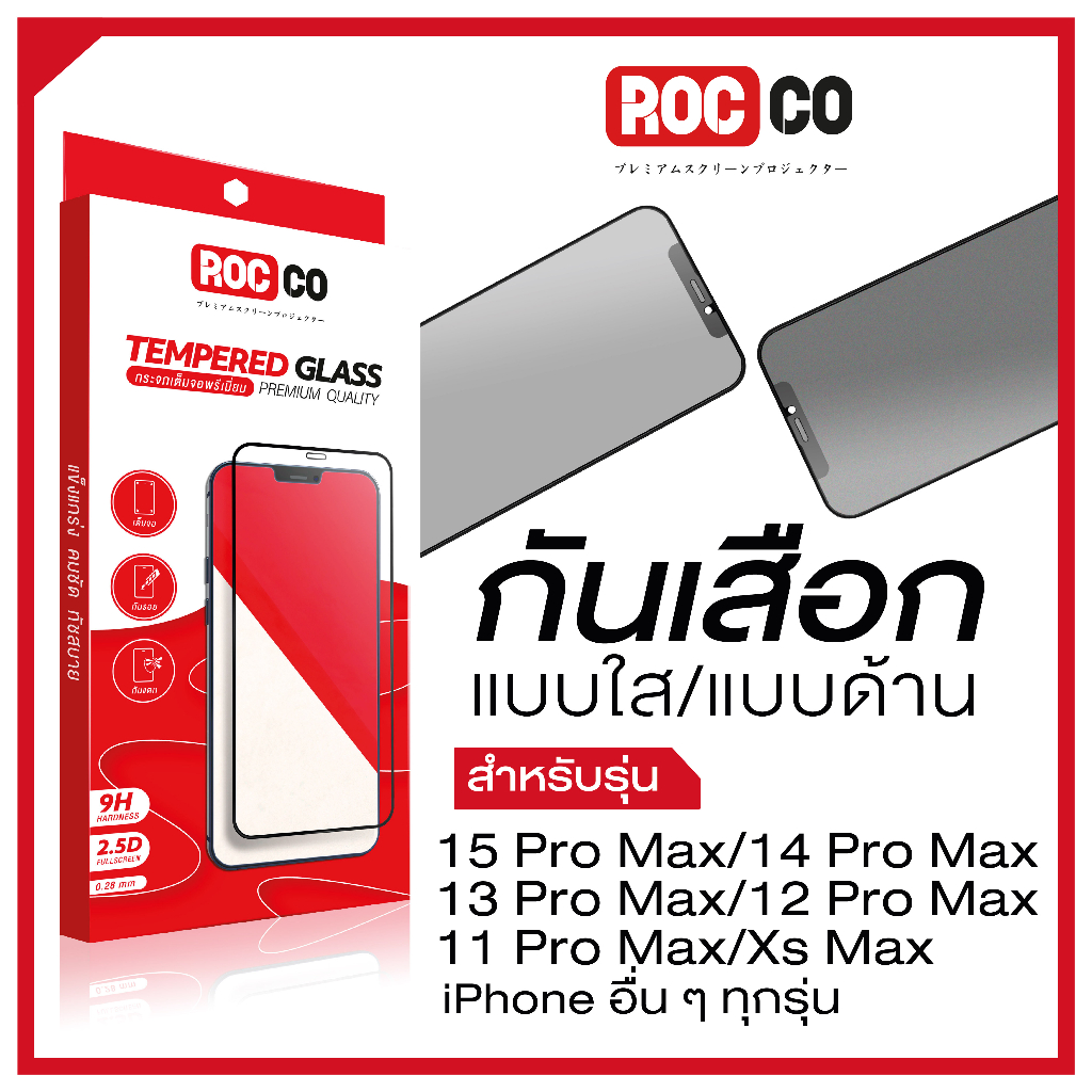 ROCCO ฟิล์มกระจก Private กันเสือก ใส/ด้าน สำหรับ iPhone 16 Pro Max/15 Pro/15 Plus/14/13/12/11/