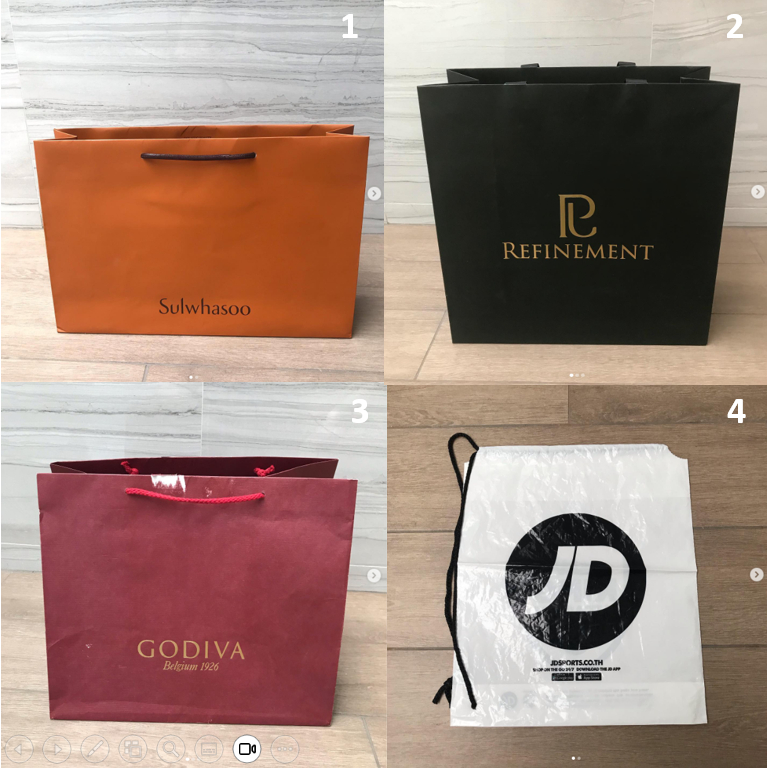 ถุงกระดาษ ถุง กระเป๋าหูรูด แบรนด์ Sulwhasoo , REFINEMENT , GODIVA และ JD sports ของแท้ ใส่ของ สภาพสว