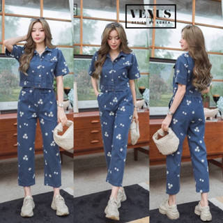Jeans Set ชุดเซตผ้ายีนเนื้อดี สกีนลายดอกไม้
